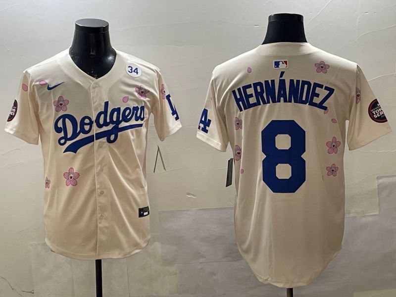 Men Los Angeles Dodgers #8 Hernandez Cream Sakura Edition 2025 Nike MLB Jersey style 4